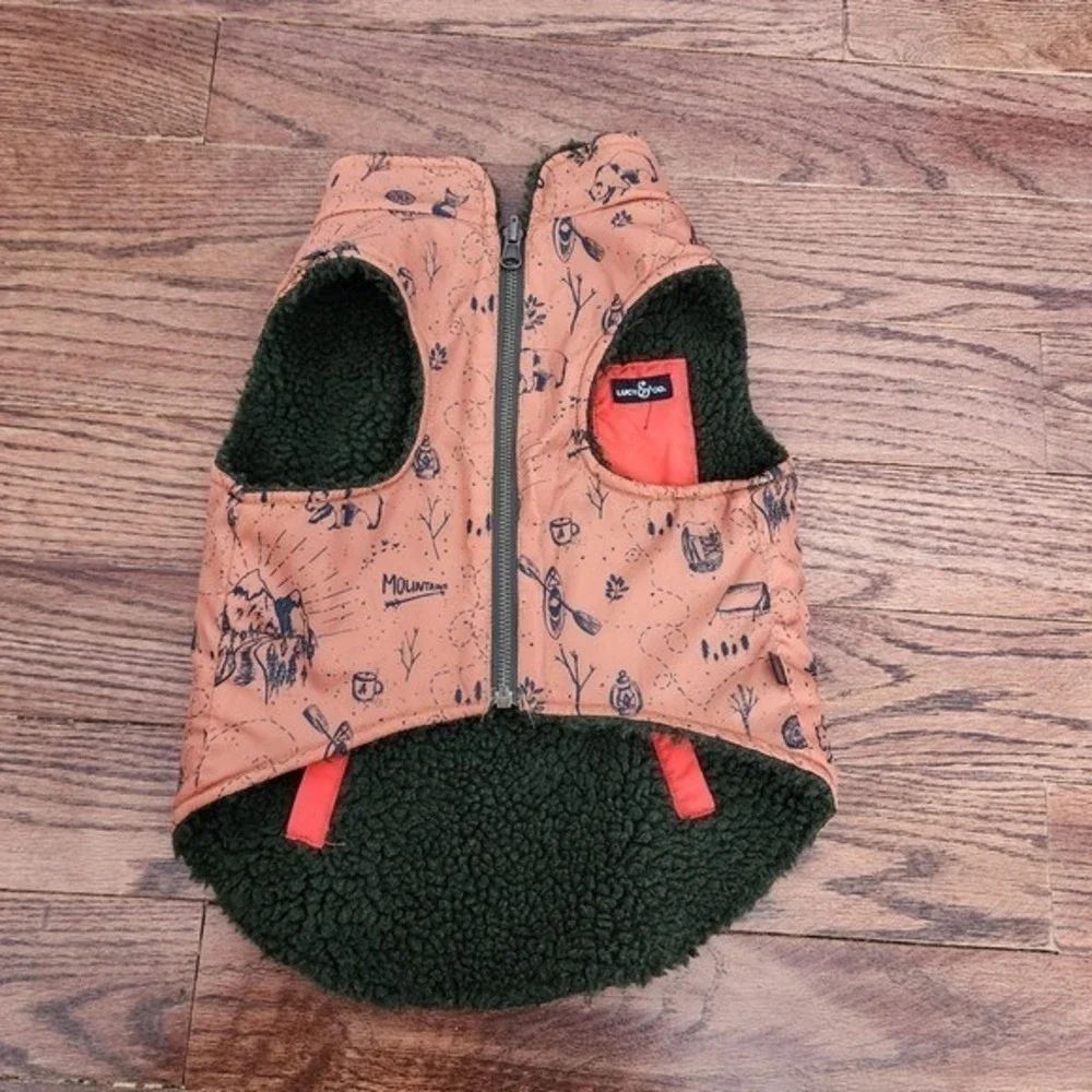 Lucy & Co Reversible Dog Vest Large Orange Mountain Print Sherpa Fleece Hiking